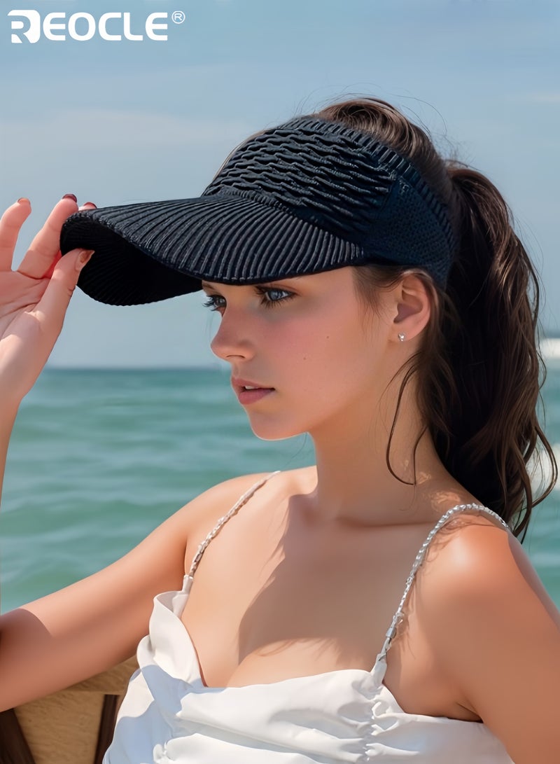 REOCLE Women's Sun Visor Hat UV Protection Summer Headwear Foldable Sun Hat Comfortable and Breathable Cap Straw Knit Empty Top Cap for Outdoor Beach Travel - Image 1