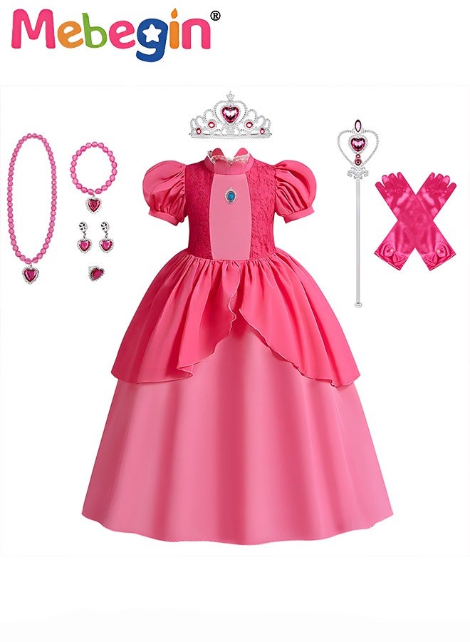 Princess Peach Dress Set with 7 PCS Accessaries, Princess Costume with Puff Sleeves, Elegant Princess Dress Up Costume for Girls, Great for Fancy Dress Parties, Birthdays, Prom Outfits and Cosplay Activities