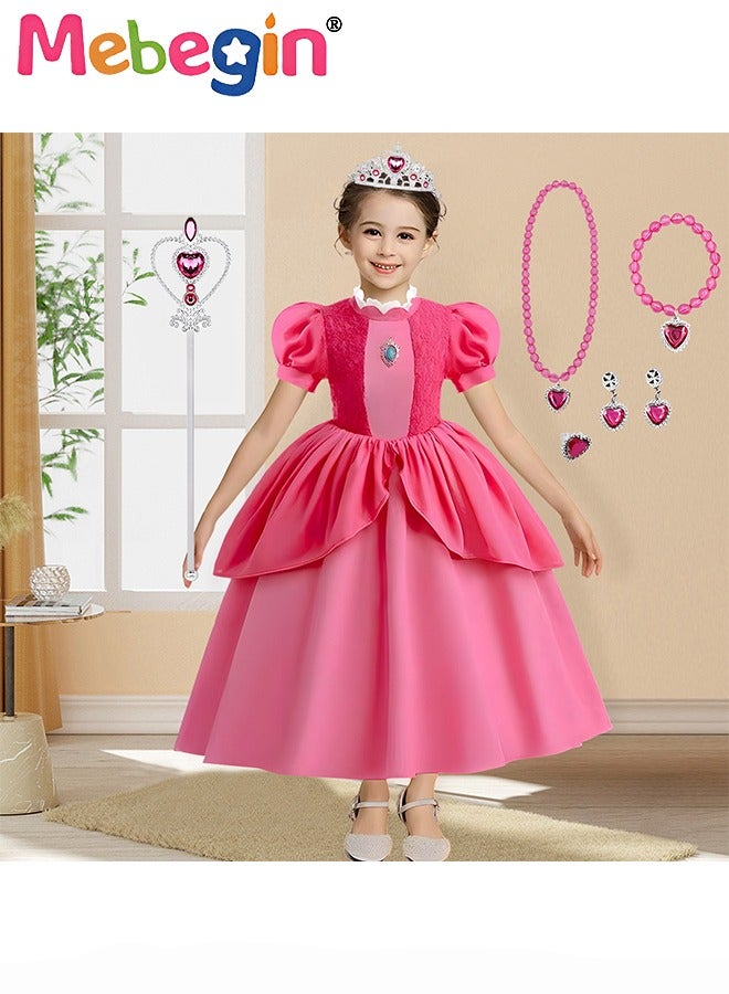 MEBEGIN Princess Peach Dress Set with 7 PCS Accessaries, Princess Costume with Puff Sleeves, Elegant Princess Dress Up Costume for Girls, Great for Fancy Dress Parties, Birthdays, Prom Outfits and Cosplay Activities - Image 2
