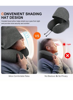Excefore Neck Pillow for Travel, Memory Foam Travel Pillow with Hood, Adult Airplane Pillow for Head Rest Neck Support, Portable Pillow for Office Cars Trains Long Flights Sleeping, Deep Grey  - Image 2