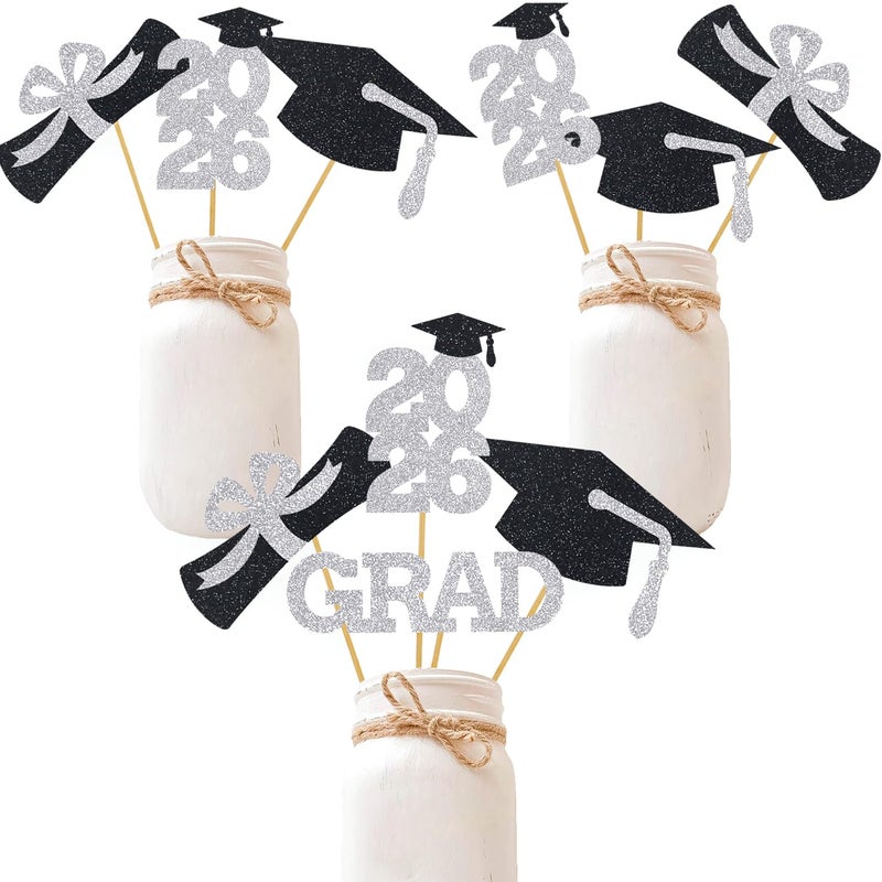 Matt Time Silver Grad Centerpiece Sticks Class of Party Decor Black Cap Toppers Graduation Arrangement Supplies 16 Pieces - Image 1