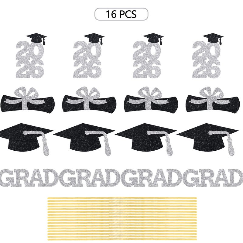 Matt Time Silver Grad Centerpiece Sticks Class of Party Decor Black Cap Toppers Graduation Arrangement Supplies 16 Pieces - Image 4