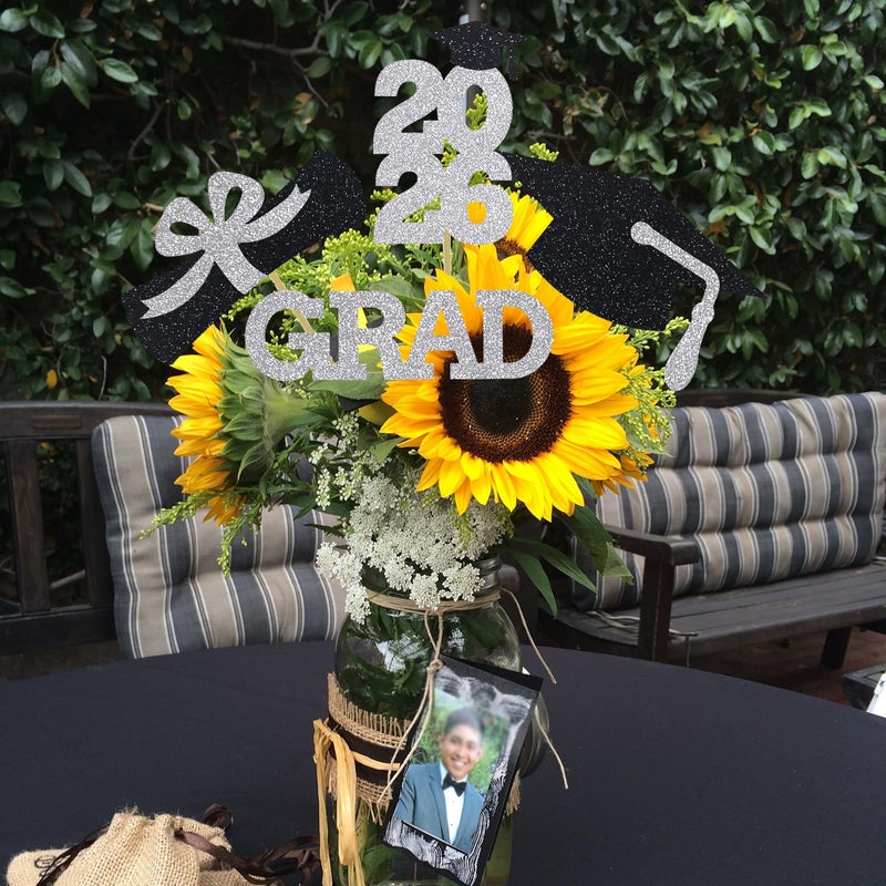Matt Time Silver Grad Centerpiece Sticks Class of Party Decor Black Cap Toppers Graduation Arrangement Supplies 16 Pieces - Image 2