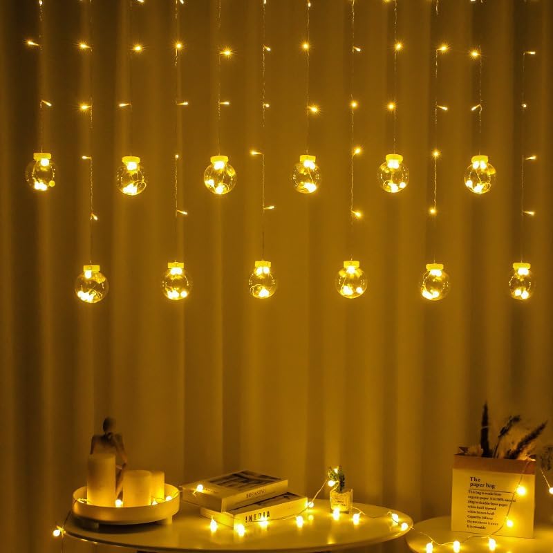 One94Store 12 Wish Ball Curtain LED String Lights – Pack of 1, 3 Meter Warm White Curtain Light with 108 LEDs & 8 Flash Modes for Window, Room, Diwali & Festival Decoration - Image 2
