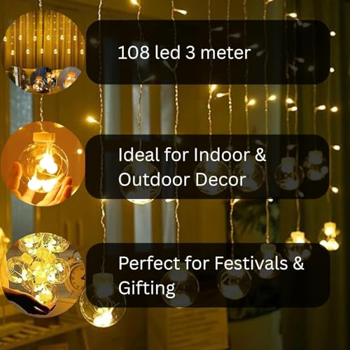 One94Store 12 Wish Ball Curtain LED String Lights – Pack of 1, 3 Meter Warm White Curtain Light with 108 LEDs & 8 Flash Modes for Window, Room, Diwali & Festival Decoration - Image 4