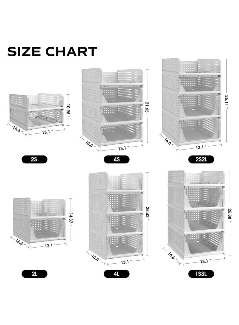 Stackable Plastic Storage Basket-Foldable Closet Organizers Storage Bins 2 Pack-Drawer Shelf Storage Container for Wardrobe Cupboard Kitchen Bathroom Office (2 Pack-L)