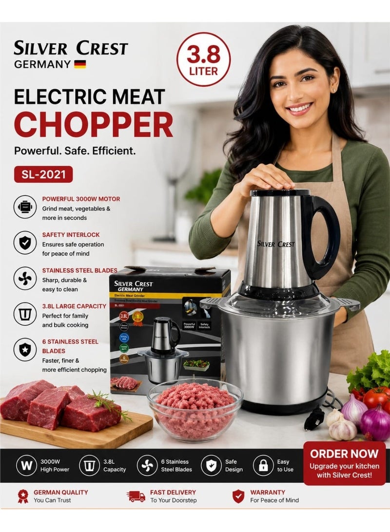 Silver Crest Electric Meat Chopper 3.8L 3000W Stainless Steel Food Processor With 6 Sharp Blades Heavy Duty Meat Grinder Vegetable Chopper Multipurpose Kitchen Machine For Home And Commercial Use Efficient Fast Safe Operation - Image 1