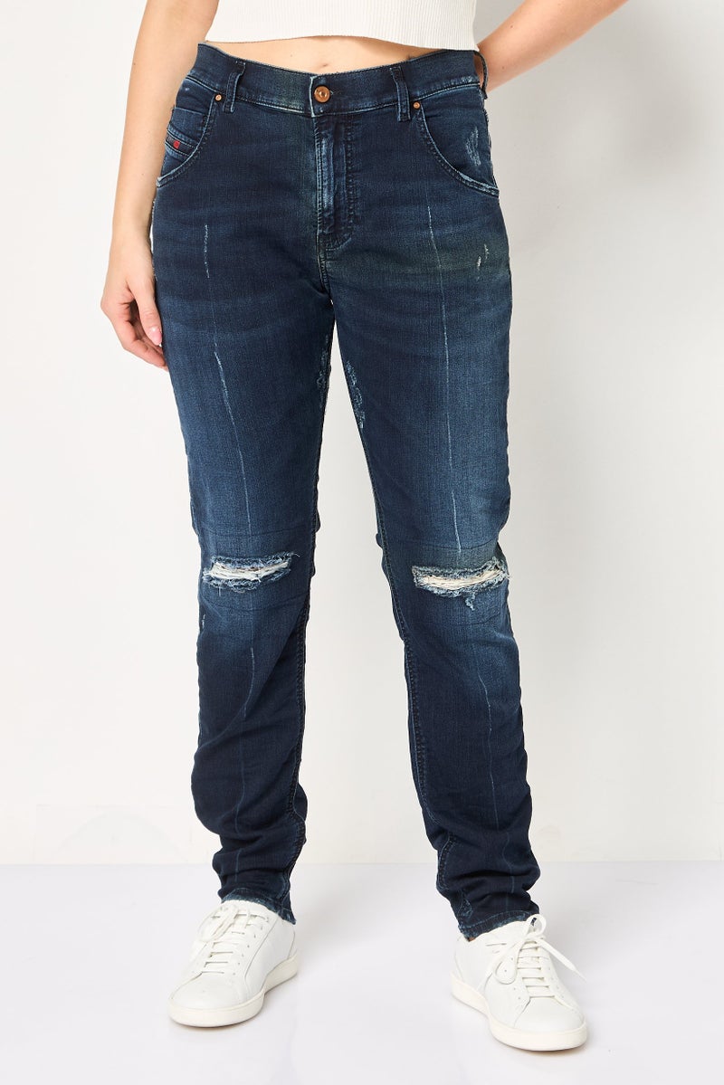 DIESEL جينز نسائي بقصة عادية، مغسول وقابل للتمدد، لون كحلي - Image 1