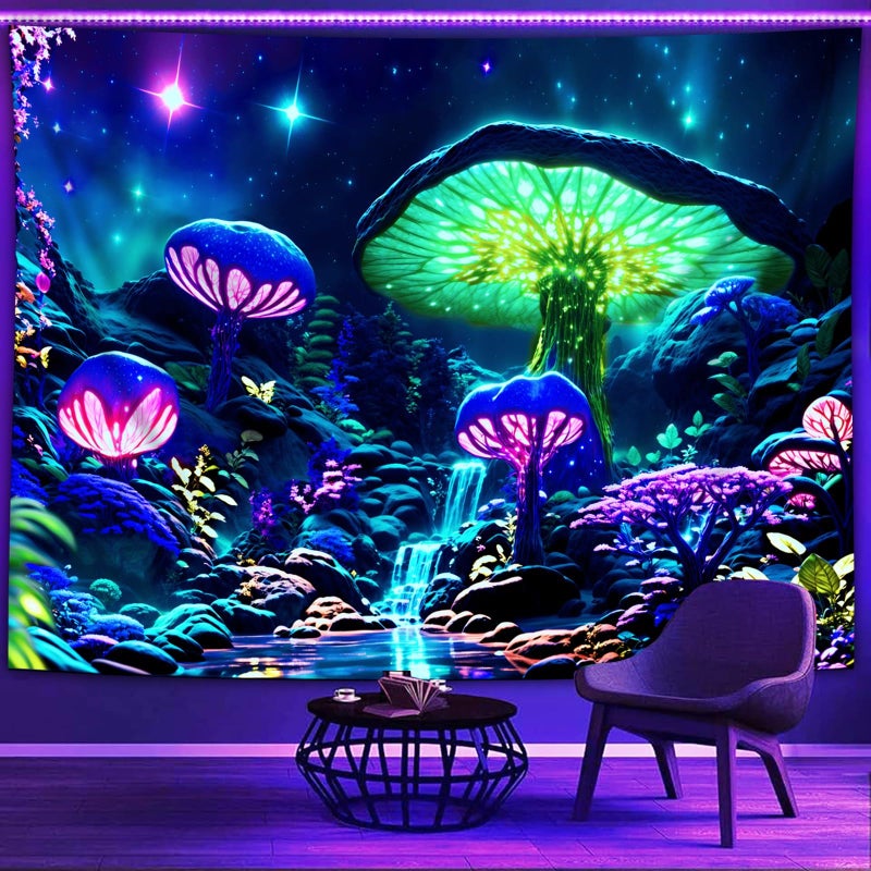 Psyhilar Blacklight Poster Mushroom Tapestry for Bedroom Aesthetic Colorful Neon Forest Wall Art Black Light Posters for Adults 40 x 29 Inches