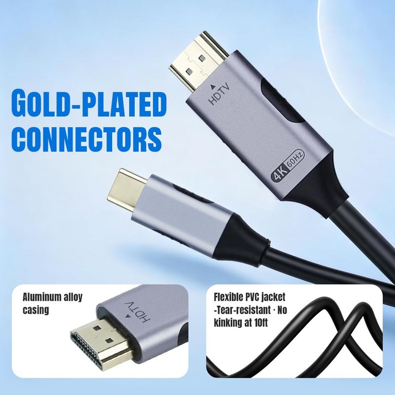 مكبازل كابل Mcbazel من USB-C إلى HDMI بطول 3 أمتار بدقة 4K@60Hz، محول من Type-C إلى HDMI لأجهزة MacBook Pro/Air، iPad Pro، Samsung Galaxy S24/S23، Surface – جاهز للاستخدام الفوري، هيكل من الألومنيوم - Image 5