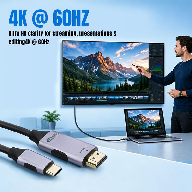 مكبازل كابل Mcbazel من USB-C إلى HDMI بطول 3 أمتار بدقة 4K@60Hz، محول من Type-C إلى HDMI لأجهزة MacBook Pro/Air، iPad Pro، Samsung Galaxy S24/S23، Surface – جاهز للاستخدام الفوري، هيكل من الألومنيوم - Image 3
