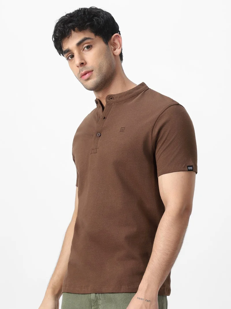 Urbano Fashion  Urbano Fashion Men's Cocoa Brown Solid Mandarin Collar Slim Fit Half Sleeve Cotton T-Shirt  | Best Price UAE