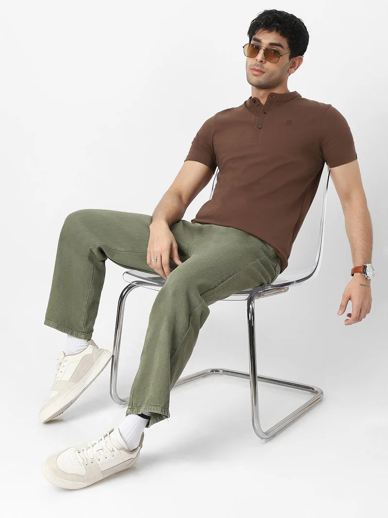 Urbano Fashion  Urbano Fashion Men's Cocoa Brown Solid Mandarin Collar Slim Fit Half Sleeve Cotton T-Shirt  | Best Price UAE