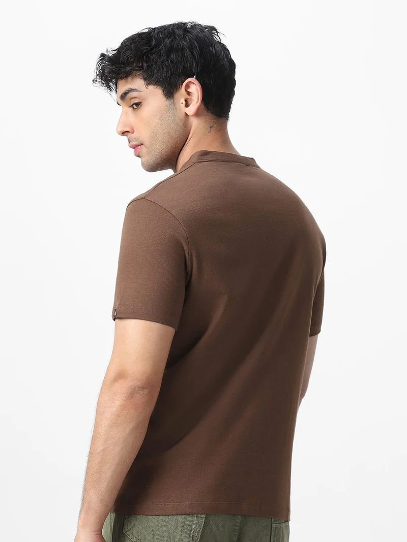 Urbano Fashion  Urbano Fashion Men's Cocoa Brown Solid Mandarin Collar Slim Fit Half Sleeve Cotton T-Shirt  | Best Price UAE