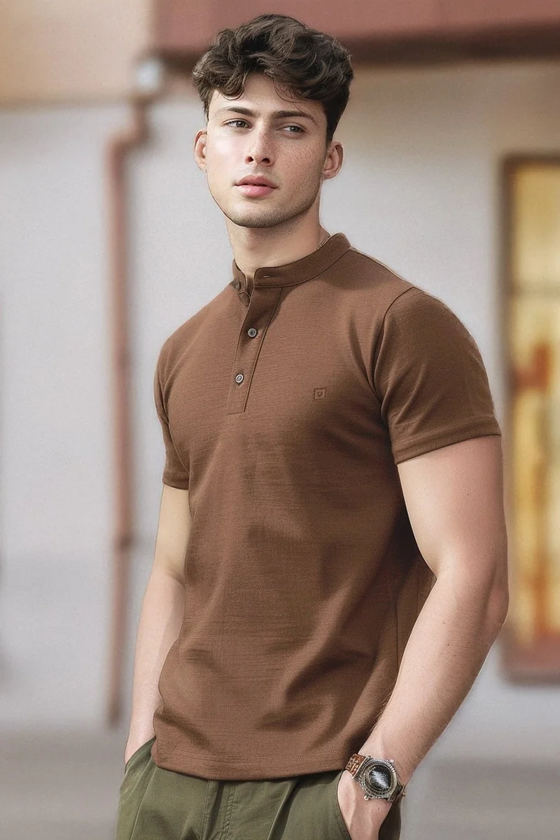 Urbano Fashion  Urbano Fashion Men's Cocoa Brown Solid Mandarin Collar Slim Fit Half Sleeve Cotton T-Shirt  | Best Price UAE