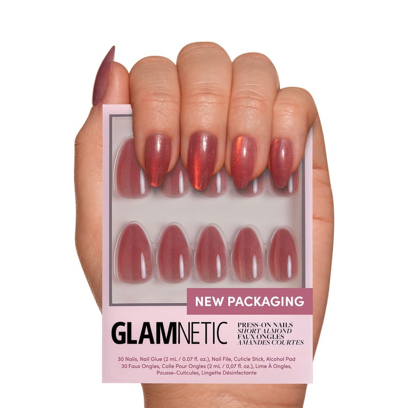 Glamnetic Press On Nails Rose Short Almond RosyPink Nails with a Mesmerizing Metallic Finish 15 Sizes 30 Nail Kit with Glue