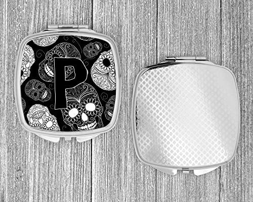 Caroline's Treasures CJ2008-PSCM Letter P Day of the Dead Skulls Black Compact Mirror Decorative Travel Makeup Mirror for Women Girls Gifts Pocket Makeup Mirror Folding Handheld - Image 4