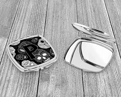 Caroline's Treasures CJ2008-PSCM Letter P Day of the Dead Skulls Black Compact Mirror Decorative Travel Makeup Mirror for Women Girls Gifts Pocket Makeup Mirror Folding Handheld - Image 3