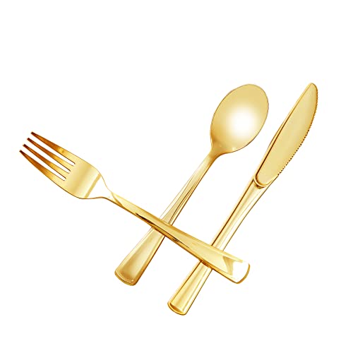 N9R 100PCS Gold Plastic Silverware - Gold Plastic Cutlery Set Disposable Flatware Dinnerware -50 Forks, 25 Spoons, 25 Knives for Party, Birthday, Wedding - Image 1