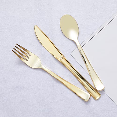 N9R 100PCS Gold Plastic Silverware - Gold Plastic Cutlery Set Disposable Flatware Dinnerware -50 Forks, 25 Spoons, 25 Knives for Party, Birthday, Wedding - Image 4