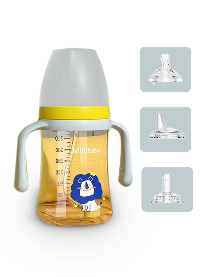 Minitutu 3 in 1 Baby Feeding Bottle 240ml(8oz), With Handle, Breast-like nipple, Sippy spout, Straight drinking straw, 0-36M - Image 1