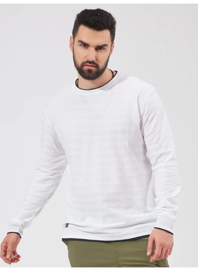 مانياك Maniac Men Solid Round Neck Full Sleeve White Cotton Slim Fit T-Shirt