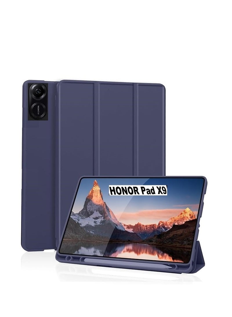 جراب ذكى  لتابلت هونر باد اكس 9  جراب واقٍ فاخر مقاوم للصدمات مذود بحامل للقلم  ، جراب قلاب ، غطاء خلفي ناعم من البولي يوريثان الحراري ازرق