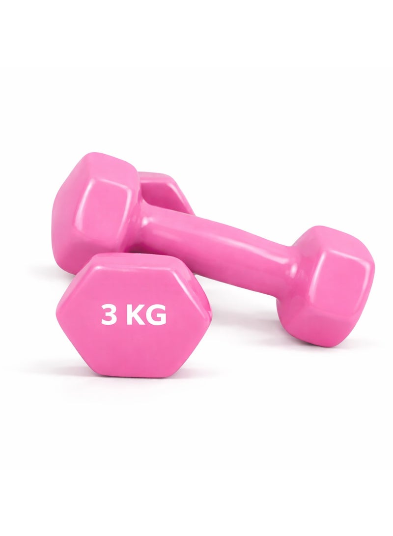 H PRO 3KG Pink Vinyl Dumbbell Pair |Set of 2, 3kg Each| Vinyl Coated Hand Weights for Home and Gym Exercise - Image 1