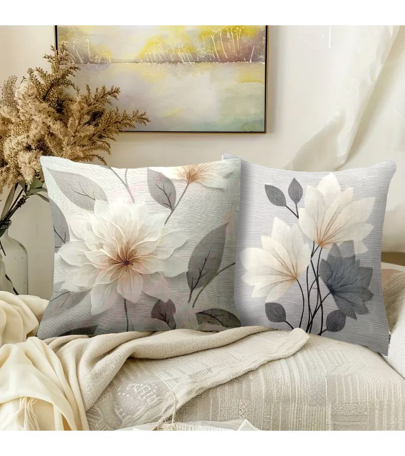 Set Of 4 Grey Floral Textured Throw Pillows 45x45cm Polyester Machine Washable For Sofa Bed - Image 4