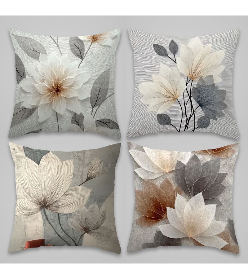 Set Of 4 Grey Floral Textured Throw Pillows 45x45cm Polyester Machine Washable For Sofa Bed - Image 1