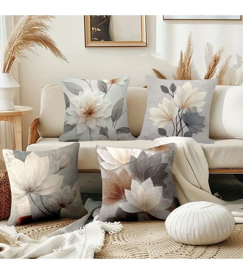 Set Of 4 Grey Floral Textured Throw Pillows 45x45cm Polyester Machine Washable For Sofa Bed - Image 5