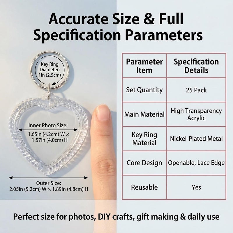UPSTORE 25Pcs Clear Acrylic Blank Photo Keyring Heart Shape Photo Keychains Insert Personalized Keychain Snap in Insert Picture Frame Key Chain Keyrings Key Holder Great for DIY Gift, Transparent - Image 2