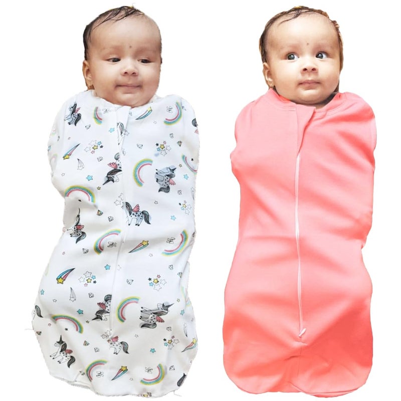 MammaChamp Zipper Swaddle Sleeping Sack Blankets Pod Wrap Bag New Born Baby for 03 Months Pack of 2 Unicorn Design Peach - Image 1