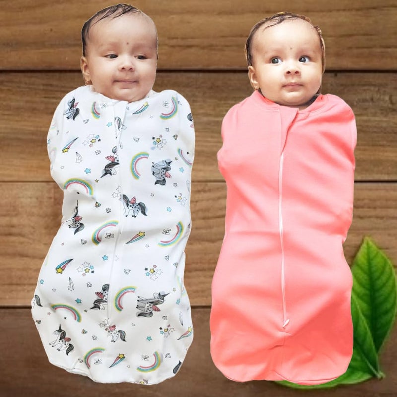 MammaChamp Zipper Swaddle Sleeping Sack Blankets Pod Wrap Bag New Born Baby for 03 Months Pack of 2 Unicorn Design Peach - Image 2