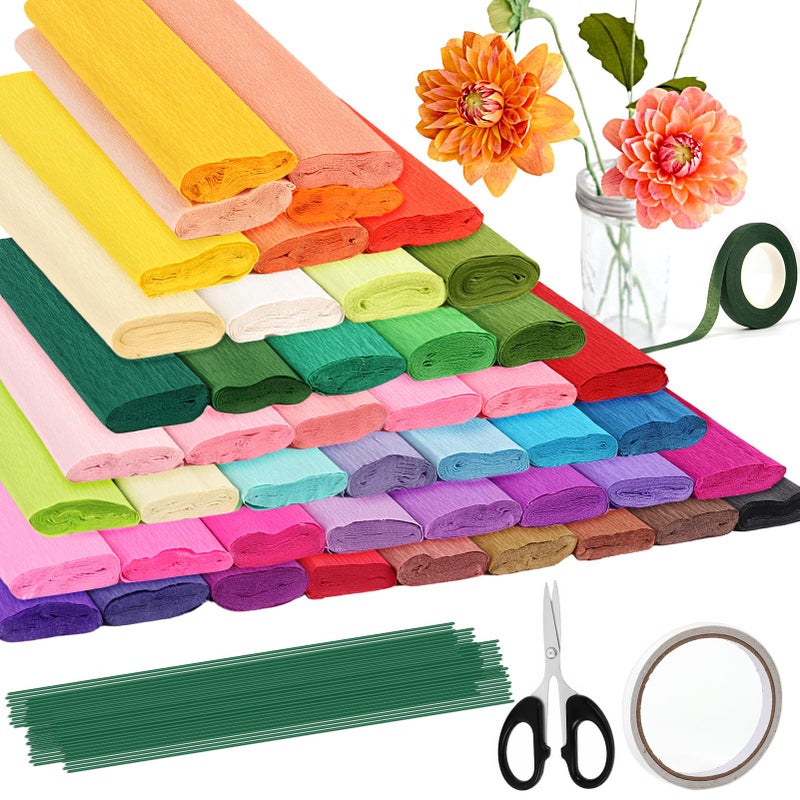 Srapwati 46 Colors Crepe Paper Rolls 10 x 98 Inch Wide Crepe Paper Flowers Kit with 100 Pcs Floral Iron Wire Floral Band DoubleSided Tape and Scissors for DIY Gifts Parties Weddings Festival Decoration - Image 2