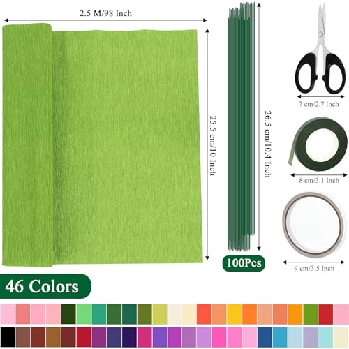 Srapwati 46 Colors Crepe Paper Rolls 10 x 98 Inch Wide Crepe Paper Flowers Kit with 100 Pcs Floral Iron Wire Floral Band DoubleSided Tape and Scissors for DIY Gifts Parties Weddings Festival Decoration - Image 3