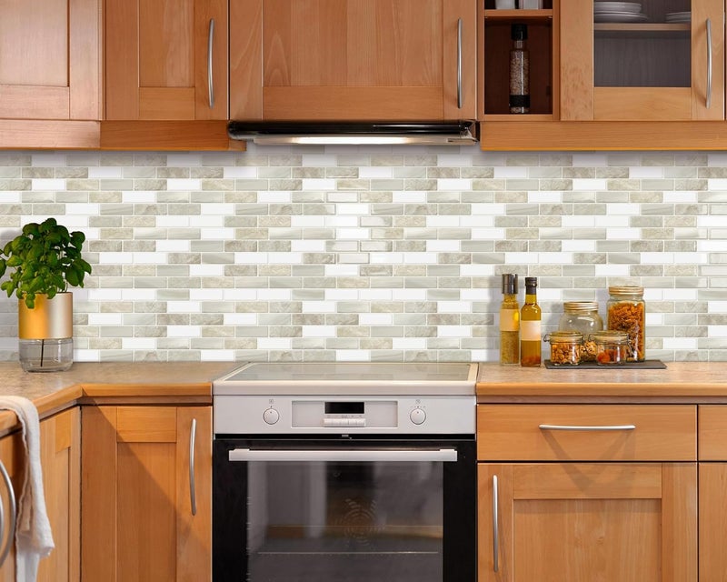 Tiwoos Thick Peel and Stick Backsplash Tile 12"x12" Kitchen Bathroom Self Adhesive Sticky Wall Tiles Beige & White (10-Sheet) - Image 2