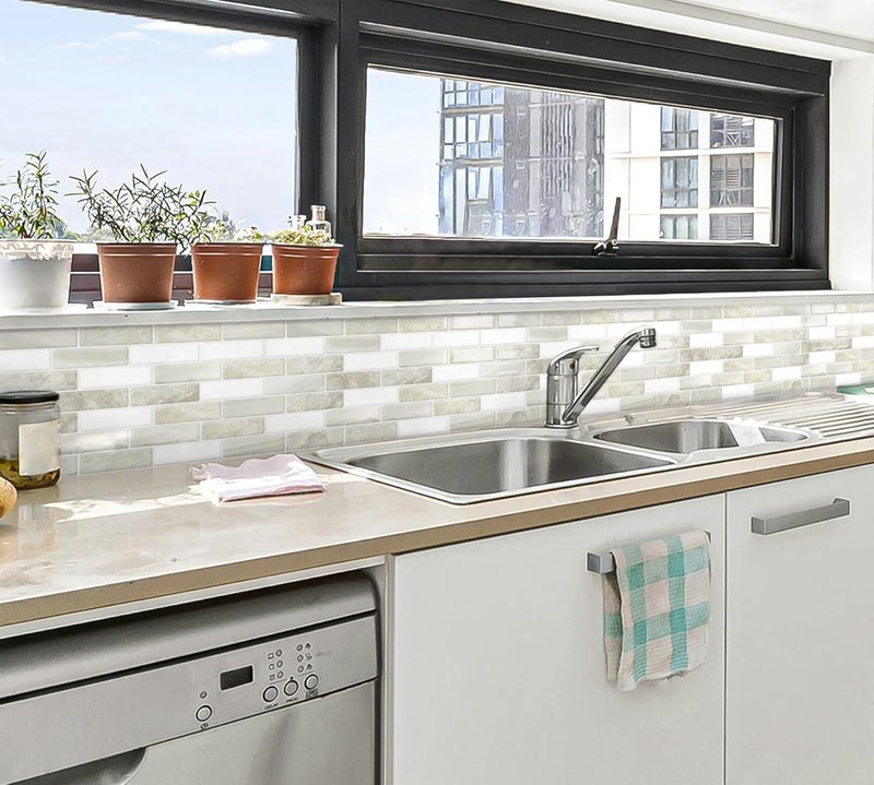 Tiwoos Thick Peel and Stick Backsplash Tile 12"x12" Kitchen Bathroom Self Adhesive Sticky Wall Tiles Beige & White (10-Sheet) - Image 5