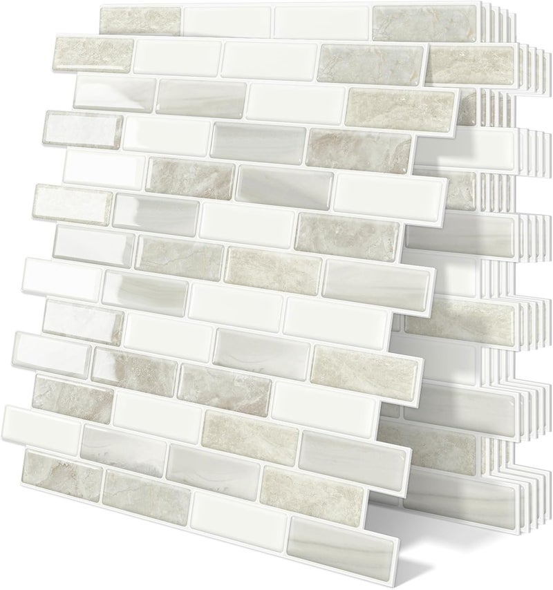 Tiwoos Thick Peel and Stick Backsplash Tile 12"x12" Kitchen Bathroom Self Adhesive Sticky Wall Tiles Beige & White (10-Sheet) - Image 1