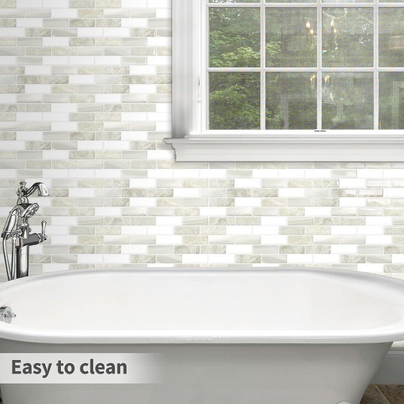 Tiwoos Thick Peel and Stick Backsplash Tile 12"x12" Kitchen Bathroom Self Adhesive Sticky Wall Tiles Beige & White (10-Sheet) - Image 3