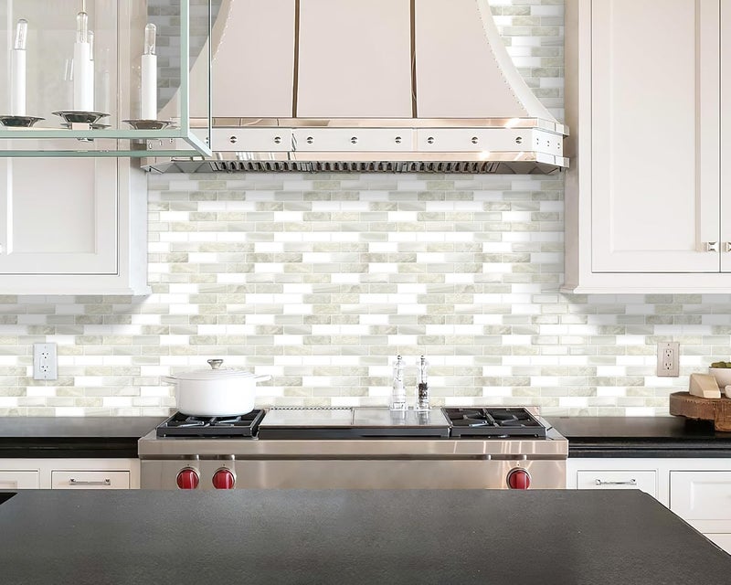 Tiwoos Thick Peel and Stick Backsplash Tile 12"x12" Kitchen Bathroom Self Adhesive Sticky Wall Tiles Beige & White (10-Sheet) - Image 4