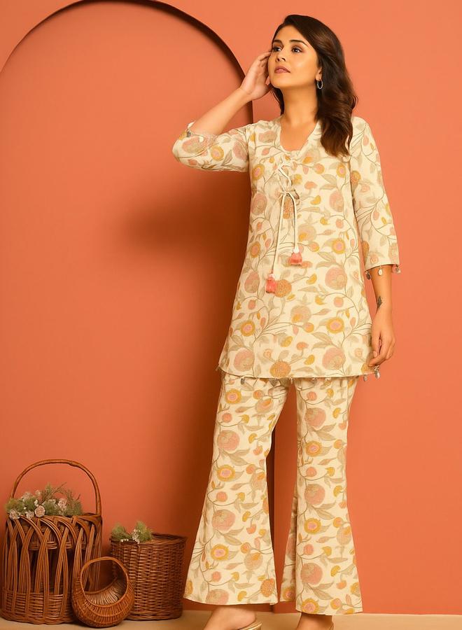 KASYA Off White Cotton Printed Top and Pants Co-ords - Image 2