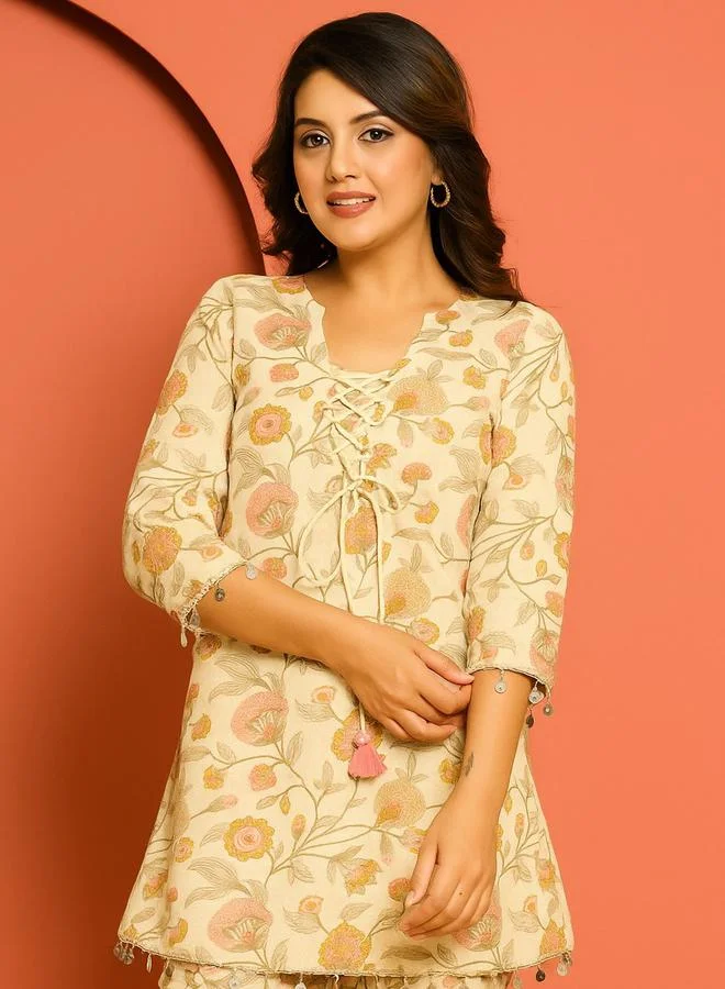 Kasya  Off White Cotton Printed Top and Pants Co-ords for Women | Best Price UAE