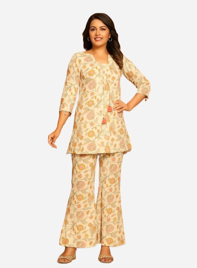 KASYA Off White Cotton Printed Top and Pants Co-ords - Image 1