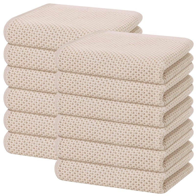 Homaxy 100% Cotton Waffle Weave Kitchen Dish Towels, Ultra Soft Absorbent Quick Drying Cleaning Towel, 13 x 28 Inches, 12-Pack, Beige - Image 1