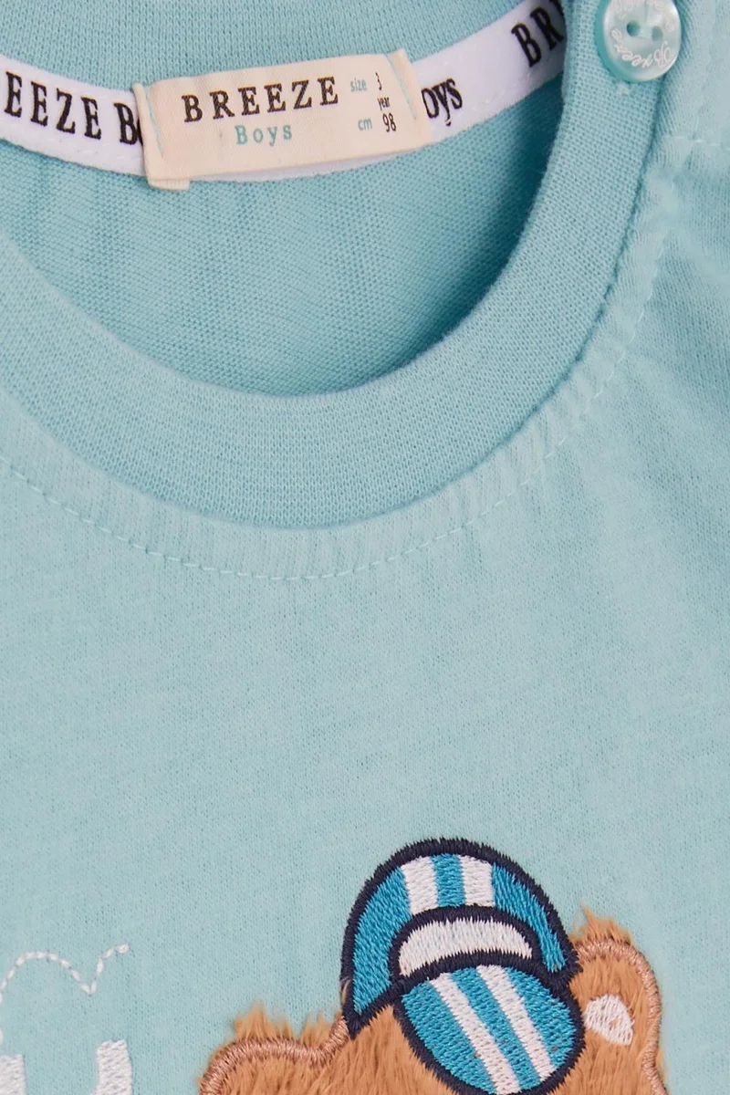 Breeze Baby Boy Long Sleeve T-Shirt with Teddy Bear Printed Text Embroidery 9 Months-3 Years, Turquoise