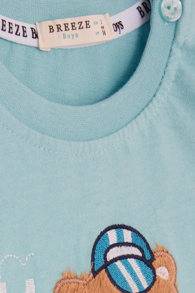 Breeze Baby Boy Long Sleeve T-Shirt with Teddy Bear Printed Text Embroidery 9 Months-3 Years, Turquoise