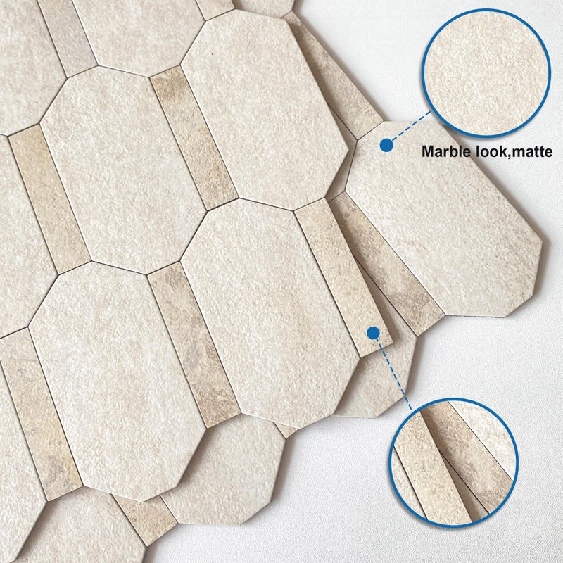 M MOFIT Octagon Marble Mosaic Backsplash Tile for Kitchen Peel and Stick,Shower Tile Waterproof Bathroom Adhesive Tiles Stickers for Wall Matte Stone 3D(Beige,10sheets) - Image 2