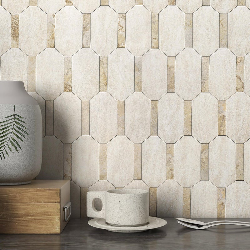 M MOFIT Octagon Marble Mosaic Backsplash Tile for Kitchen Peel and Stick,Shower Tile Waterproof Bathroom Adhesive Tiles Stickers for Wall Matte Stone 3D(Beige,10sheets) - Image 1
