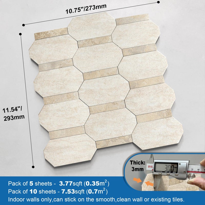 M MOFIT Octagon Marble Mosaic Backsplash Tile for Kitchen Peel and Stick,Shower Tile Waterproof Bathroom Adhesive Tiles Stickers for Wall Matte Stone 3D(Beige,10sheets) - Image 5